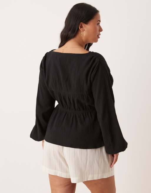 ASOS DESIGN Curve long sleeve smock top with button front in black