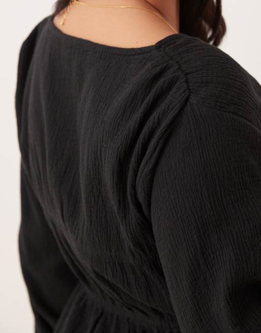 ASOS DESIGN Curve long sleeve smock top with button front in black