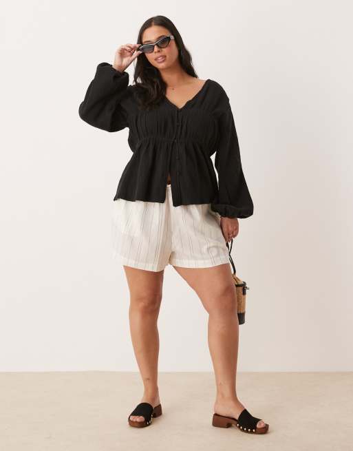 ASOS DESIGN Curve long sleeve smock top with button front in black