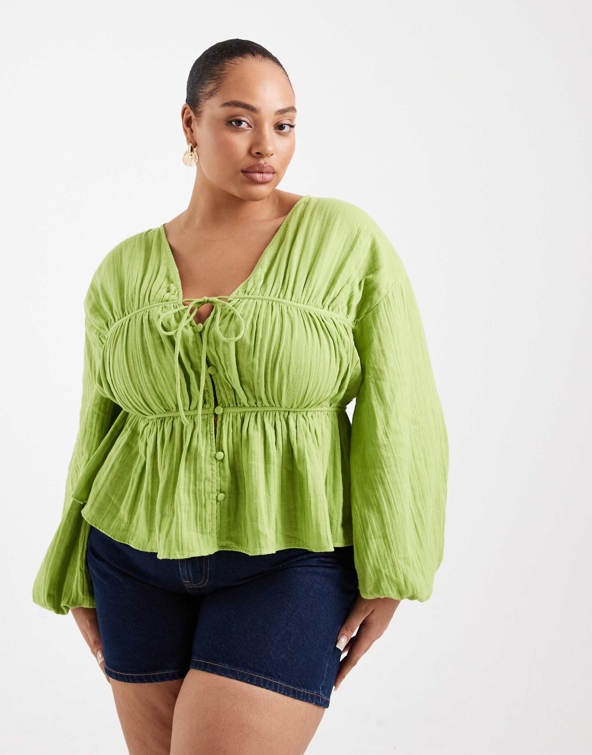 asos design curve long sleeve smock top with button front in green
