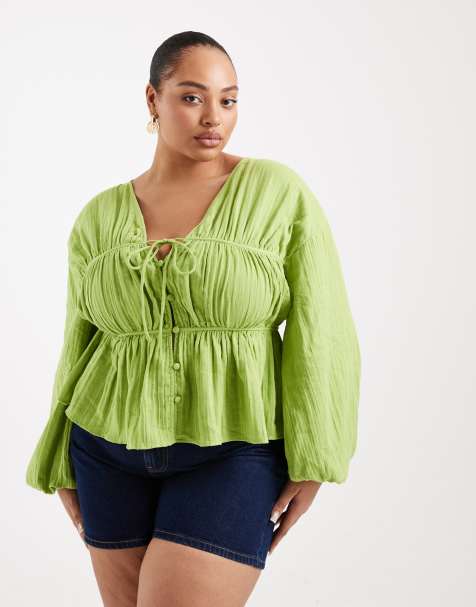 ASOS DESIGN Curve long sleeve smock top with button front in green