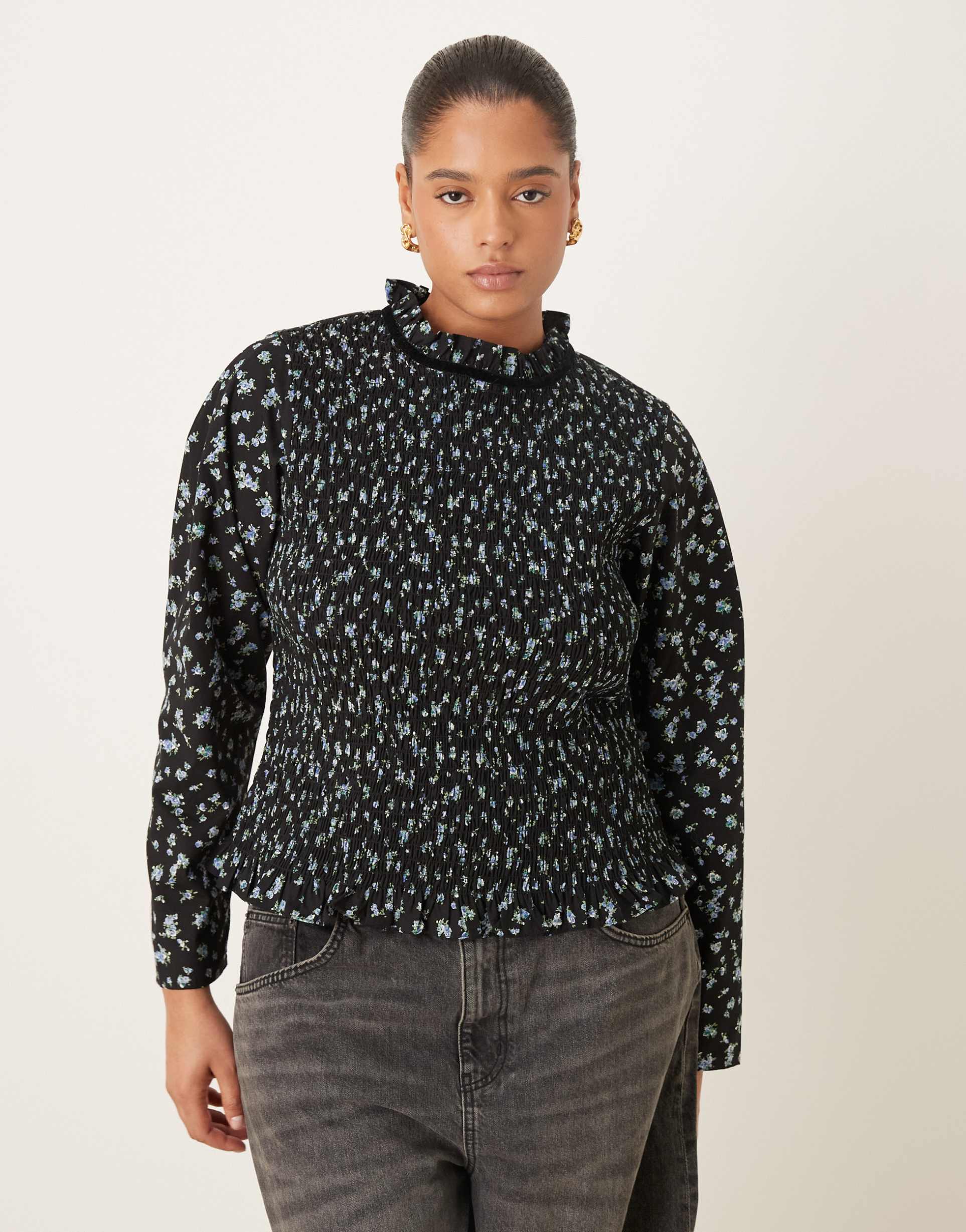 asos design curve long sleeve smocked top with open back in floral print