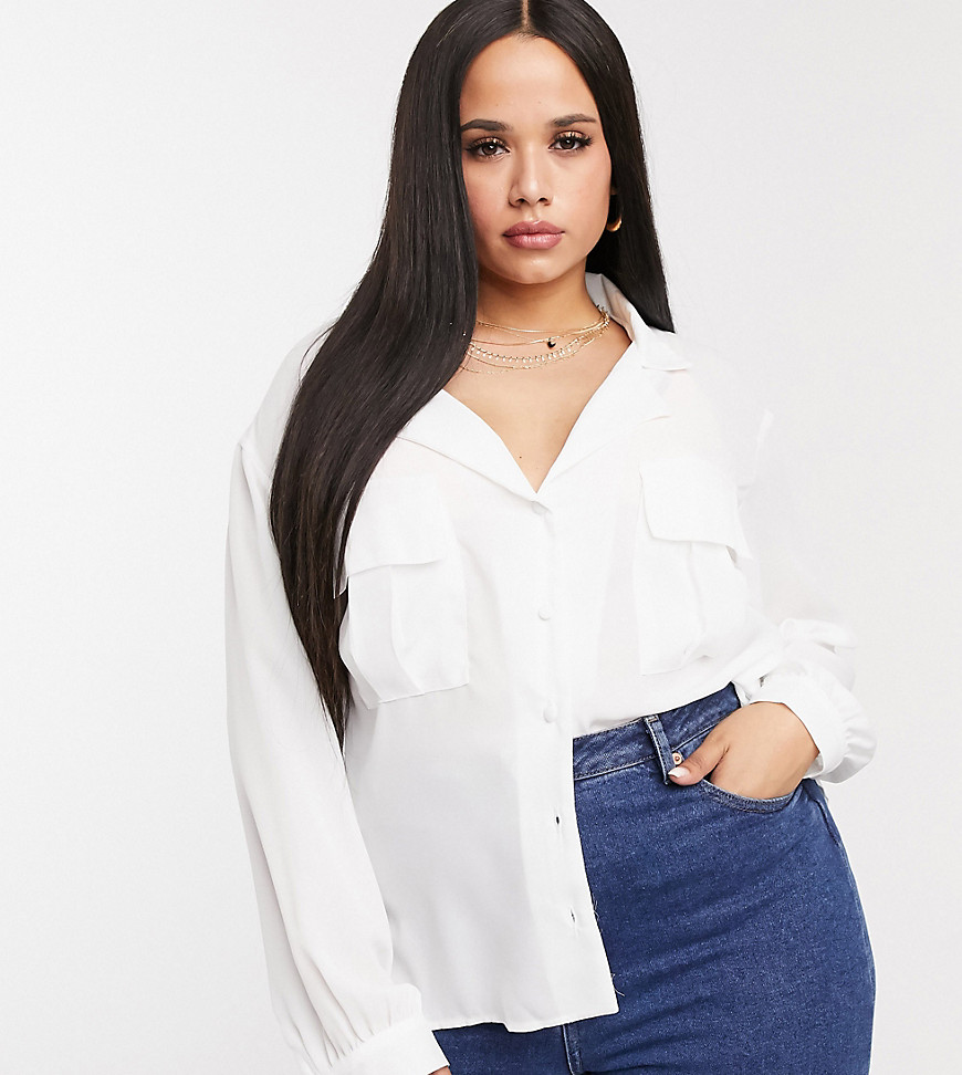 Asos Design Curve Long Sleeve Soft Shirt With Utility Pocket In Ivory-white
