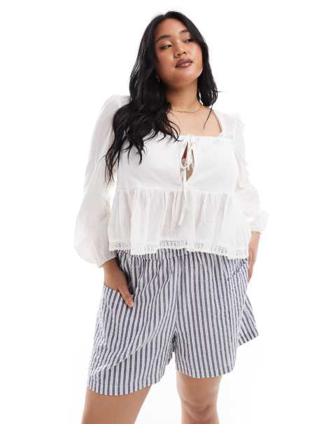 ASOS DESIGN Curve long sleeve square neck blouse with lace inserts in cream - view 1