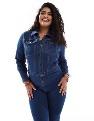 Asos Curve Asos Design Curve Long Sleeve Stretch 70's Jumpsuit In Blue