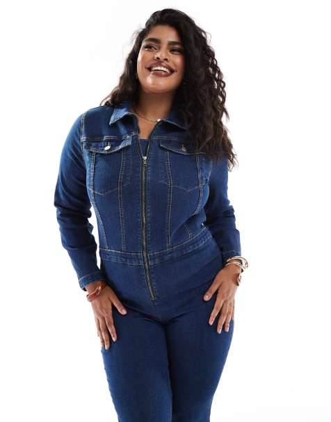 ASOS DESIGN Curve long sleeve stretch 70s jumpsuit in dark blue - view 1