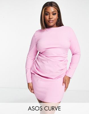 ASOS DESIGN Curve long sleeve structured mini dress with pleat detail-Purple