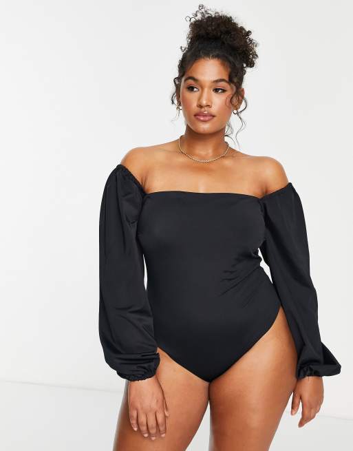 ASOS DESIGN Curve long sleeve swimsuit in black