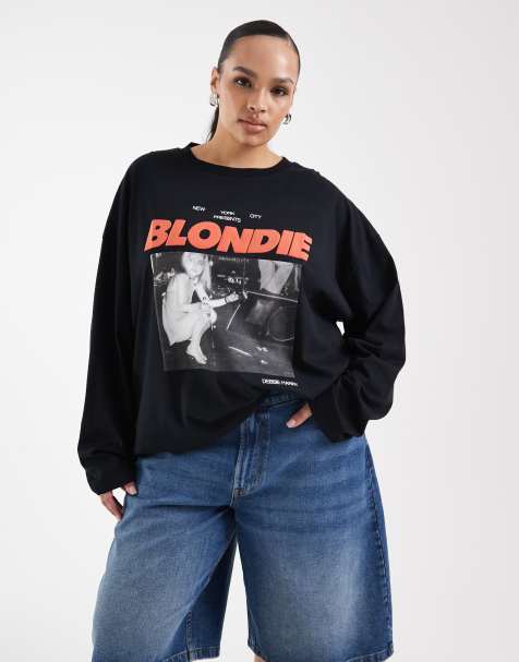 ASOS DESIGN Curve long sleeve t-shirt with blondie licence graphic in black - view 1
