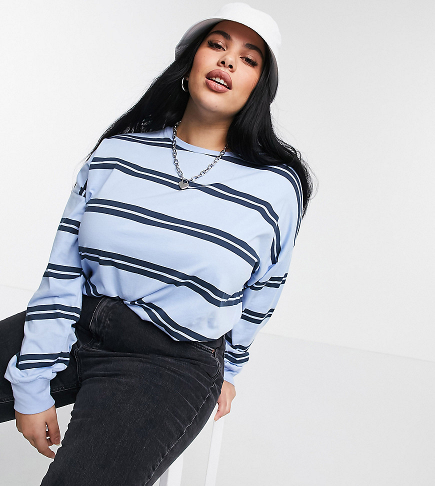 ASOS DESIGN Curve long sleeve t-shirt with cuff and double stripe in blue-Multi