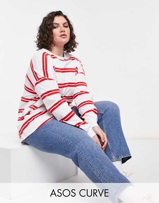 ASOS DESIGN Curve long sleeve t-shirt with cuff and double stripe in white