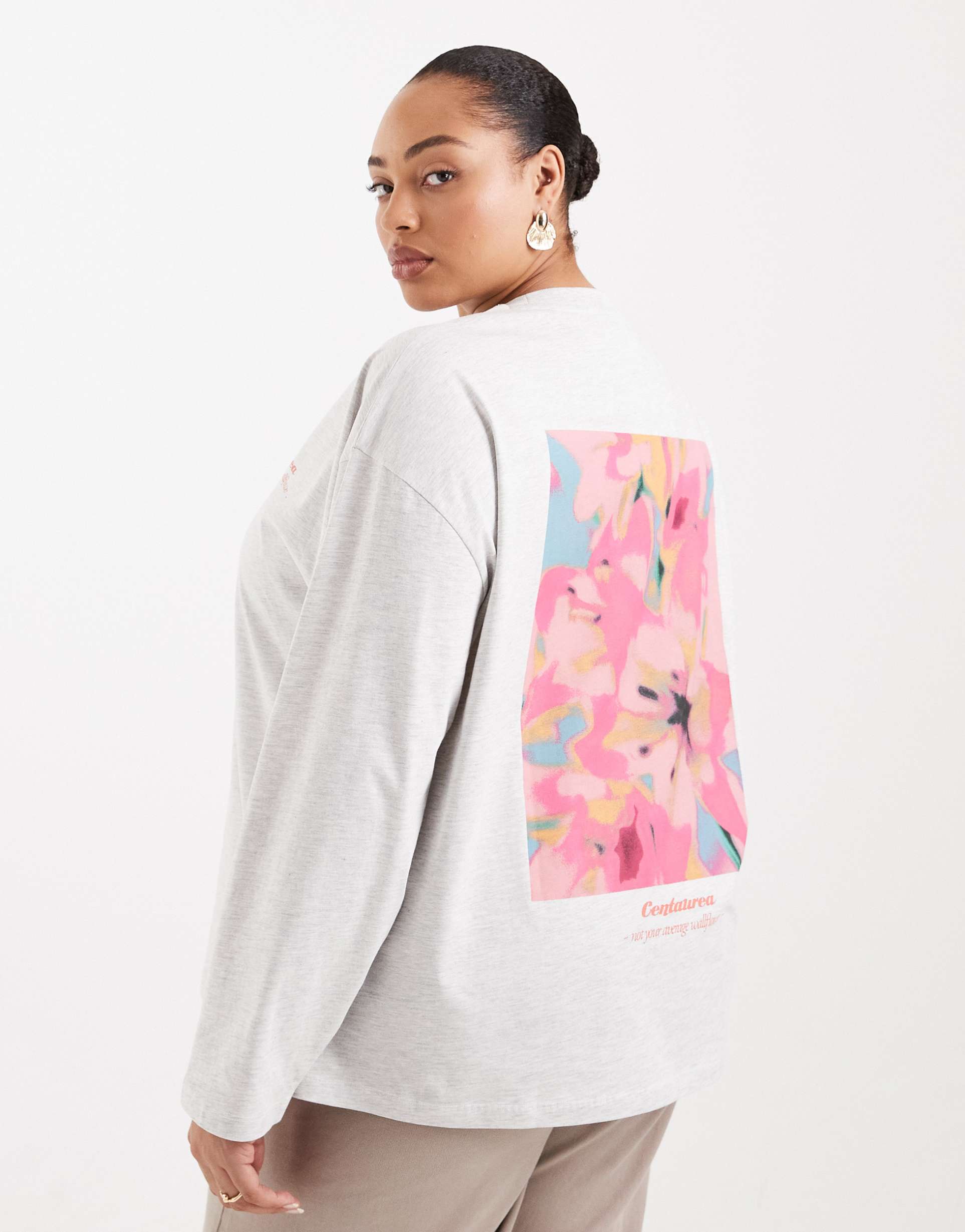 asos design curve long sleeve t-shirt with floral graphic in ice heather