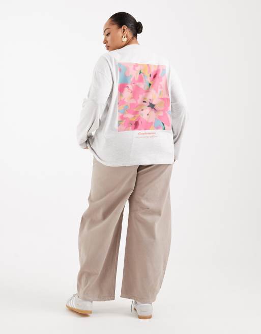 ASOS DESIGN Curve long sleeve t-shirt with floral graphic in ice marl, 4 of 4