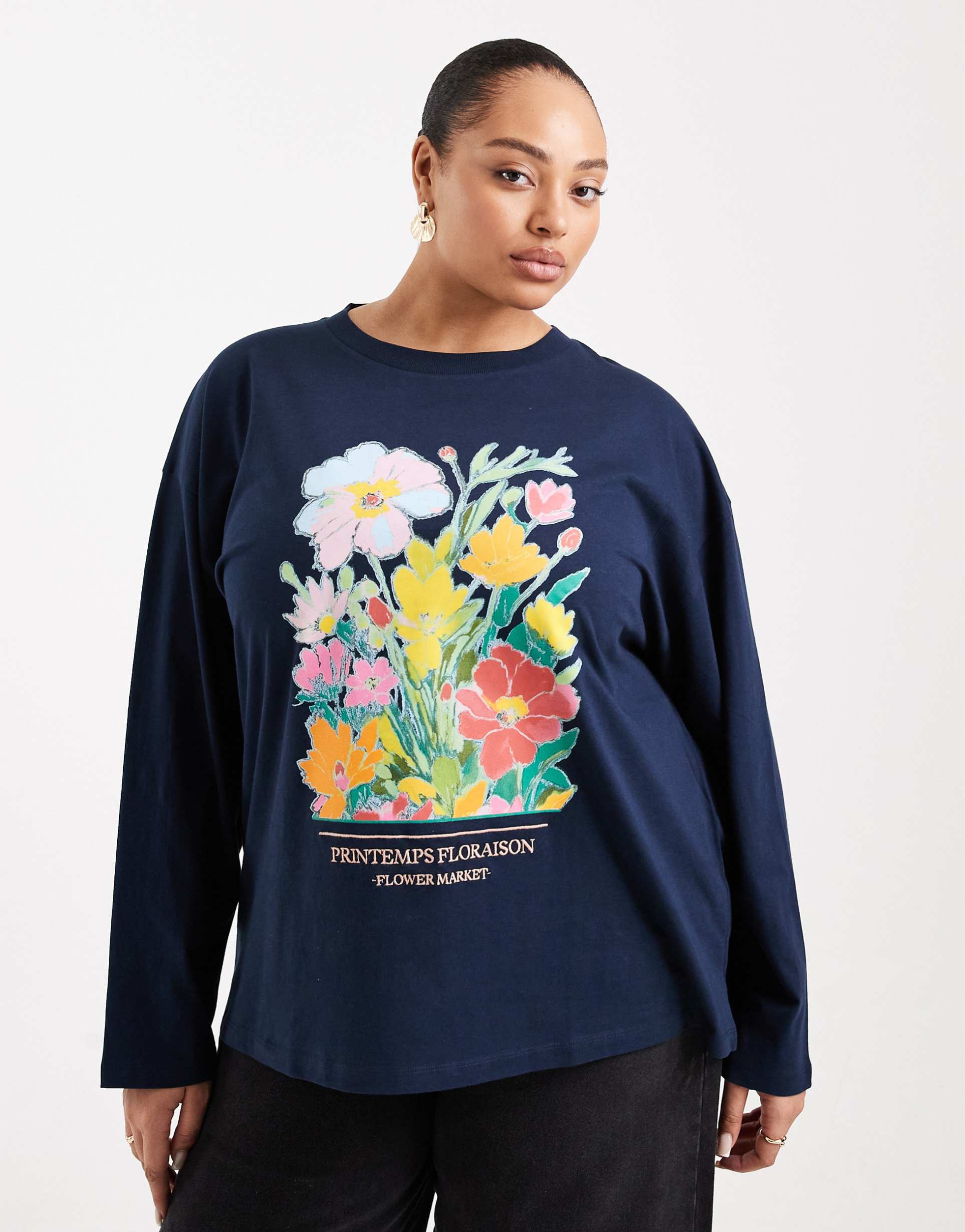 asos design curve long sleeve t-shirt with floral graphic in navy