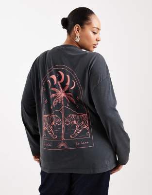 Asos Curve Asos Design Curve Long Sleeve T-shirt With Moon And Tiger Graphic In Gray