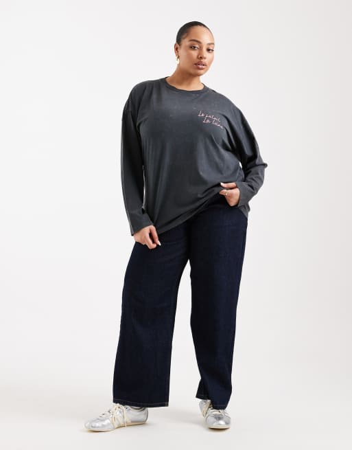 ASOS DESIGN Curve long sleeve t-shirt with moon and tiger graphic in washed charcoal, 2 of 4