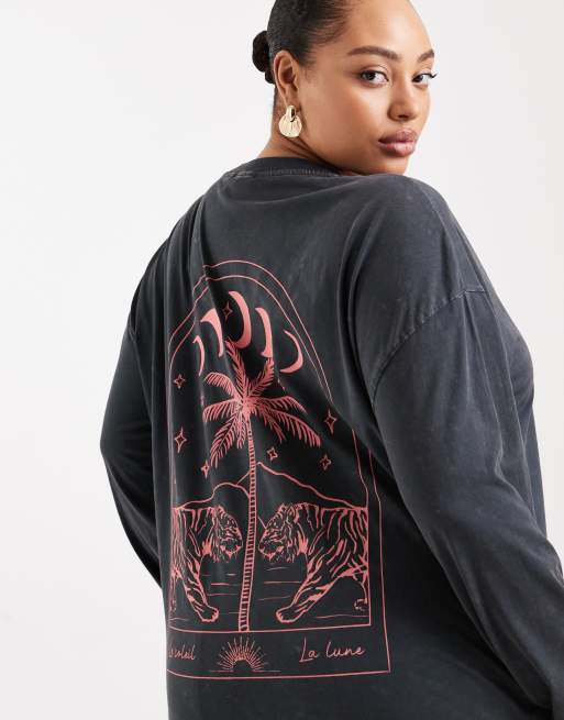 ASOS DESIGN Curve long sleeve t-shirt with moon and tiger graphic in washed charcoal, 3 of 4