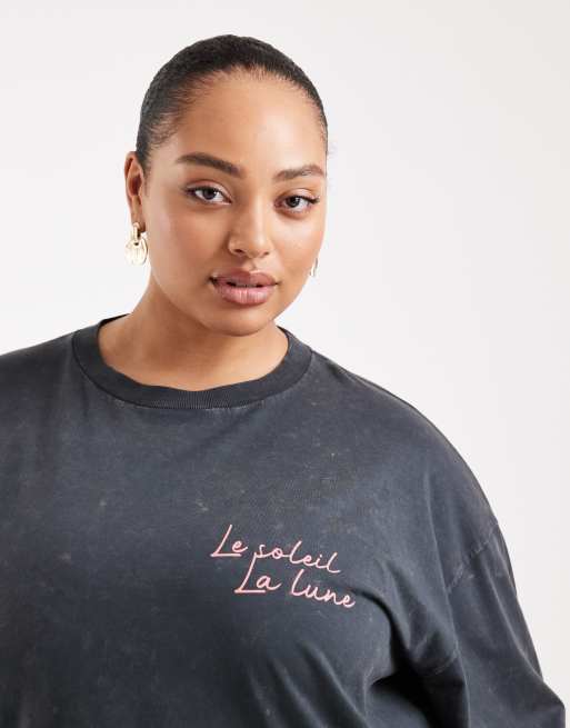 ASOS DESIGN Curve long sleeve t-shirt with moon and tiger graphic in washed charcoal, 4 of 4