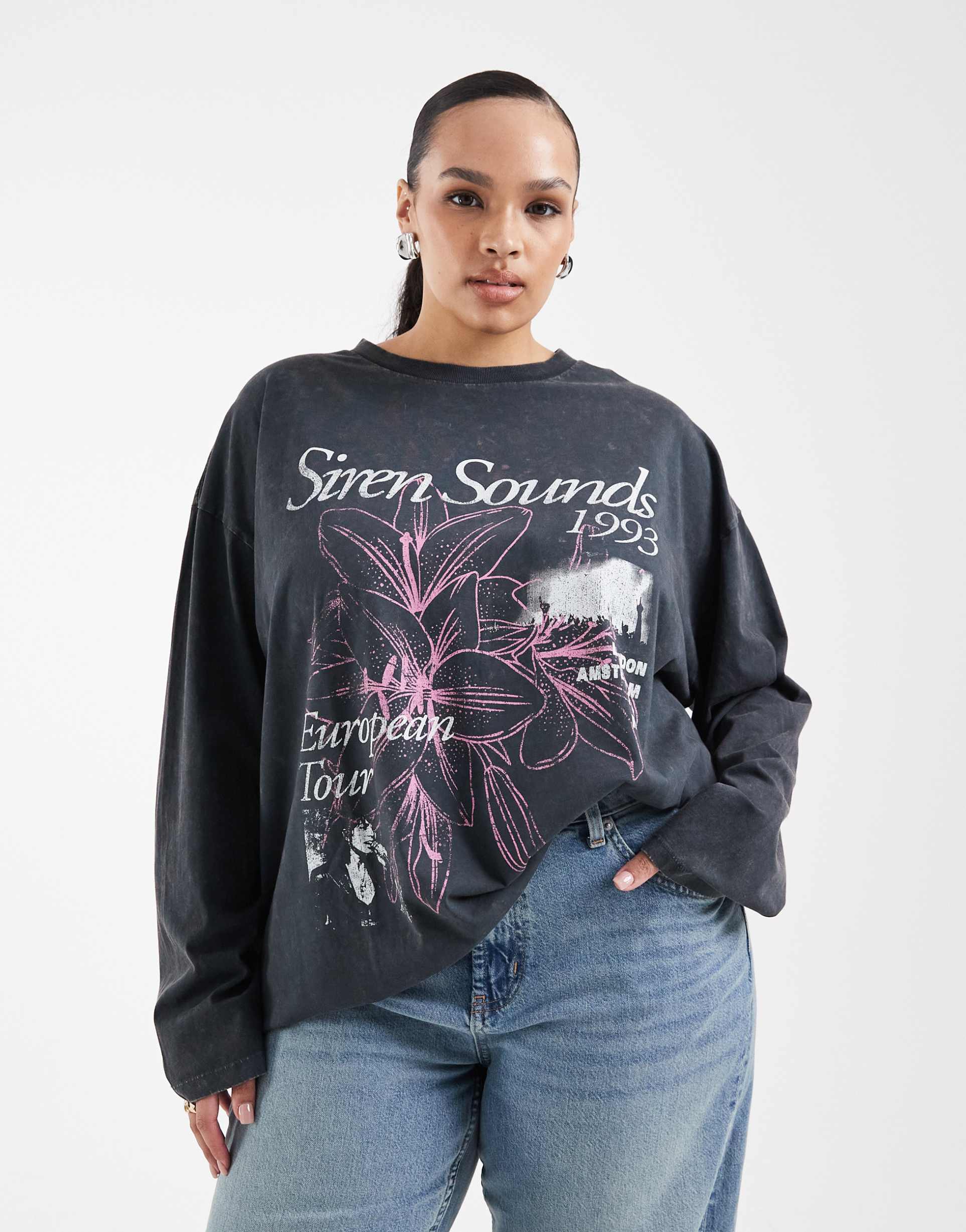 asos design curve long sleeve t-shirt with siren sounds graphic in washed charcoal