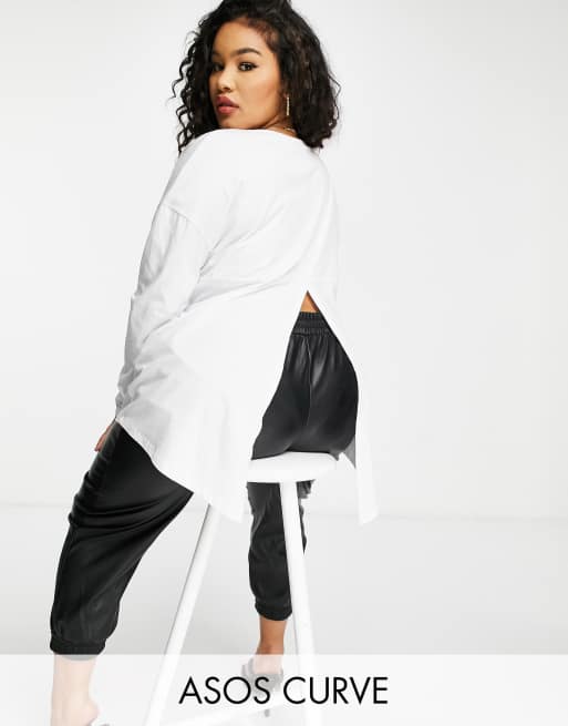 ASOS DESIGN Curve long sleeve t-shirt with slit back in white