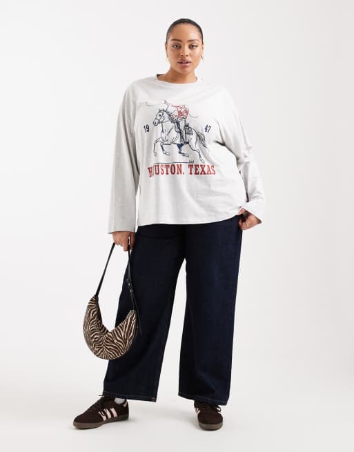 ASOS DESIGN Curve long sleeve t-shirt with Texas graphic in ice marl, 2 of 4