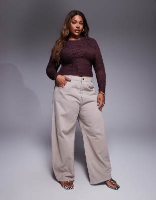 Asos Curve Asos Design Curve Long Sleeve Textured Ruffle Top In Brown