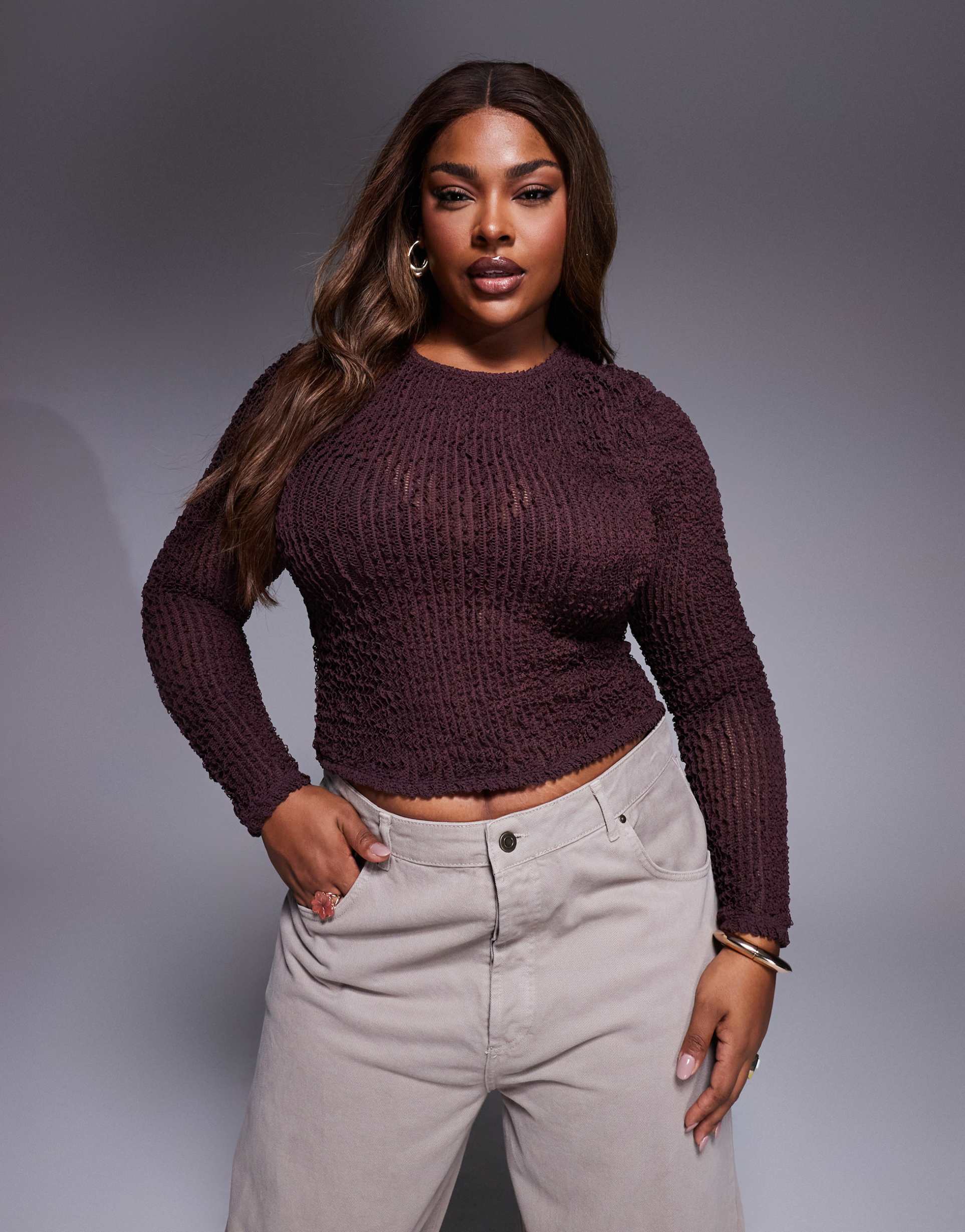 asos design curve long sleeve textured ruffle top in chocolate