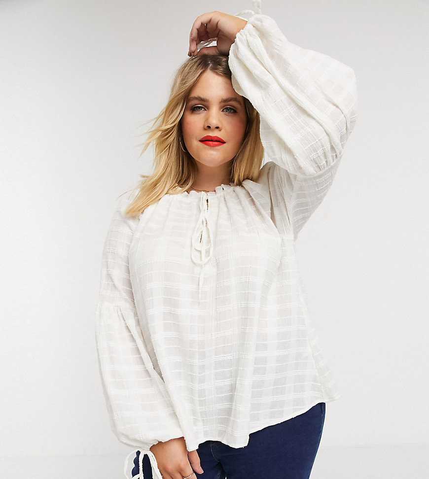 ASOS DESIGN Curve long sleeve textured smock top with high neck in white-No Colour