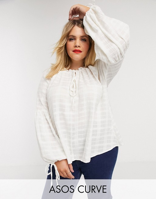 ASOS DESIGN Curve long sleeve textured smock top with high neck in white