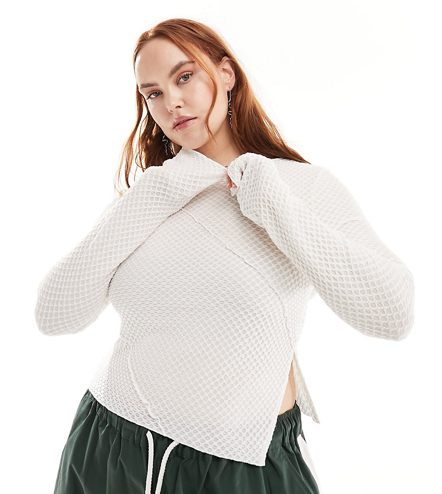 ASOS DESIGN Curve long sleeve textured top in off white