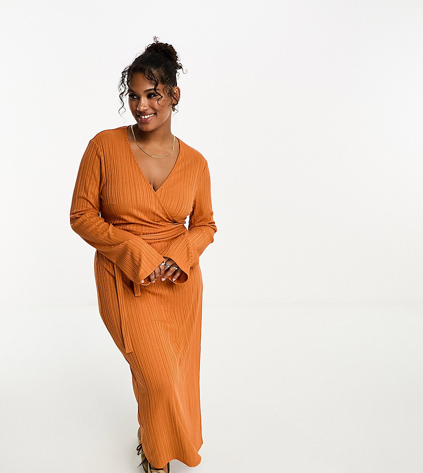 ASOS DESIGN Curve long sleeve textured wrap midi dress with tie side in rust-Orange