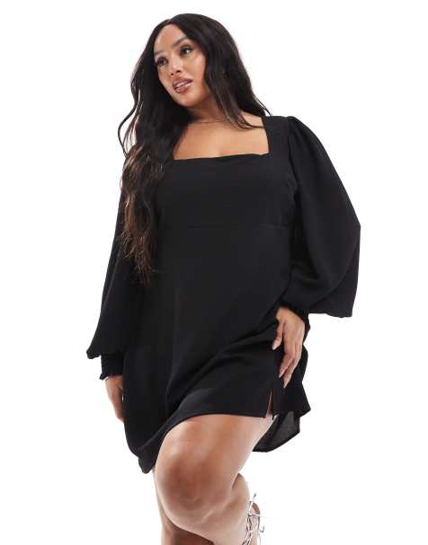 ASOS DESIGN Curve long sleeve tie back mini dress in black - view 1