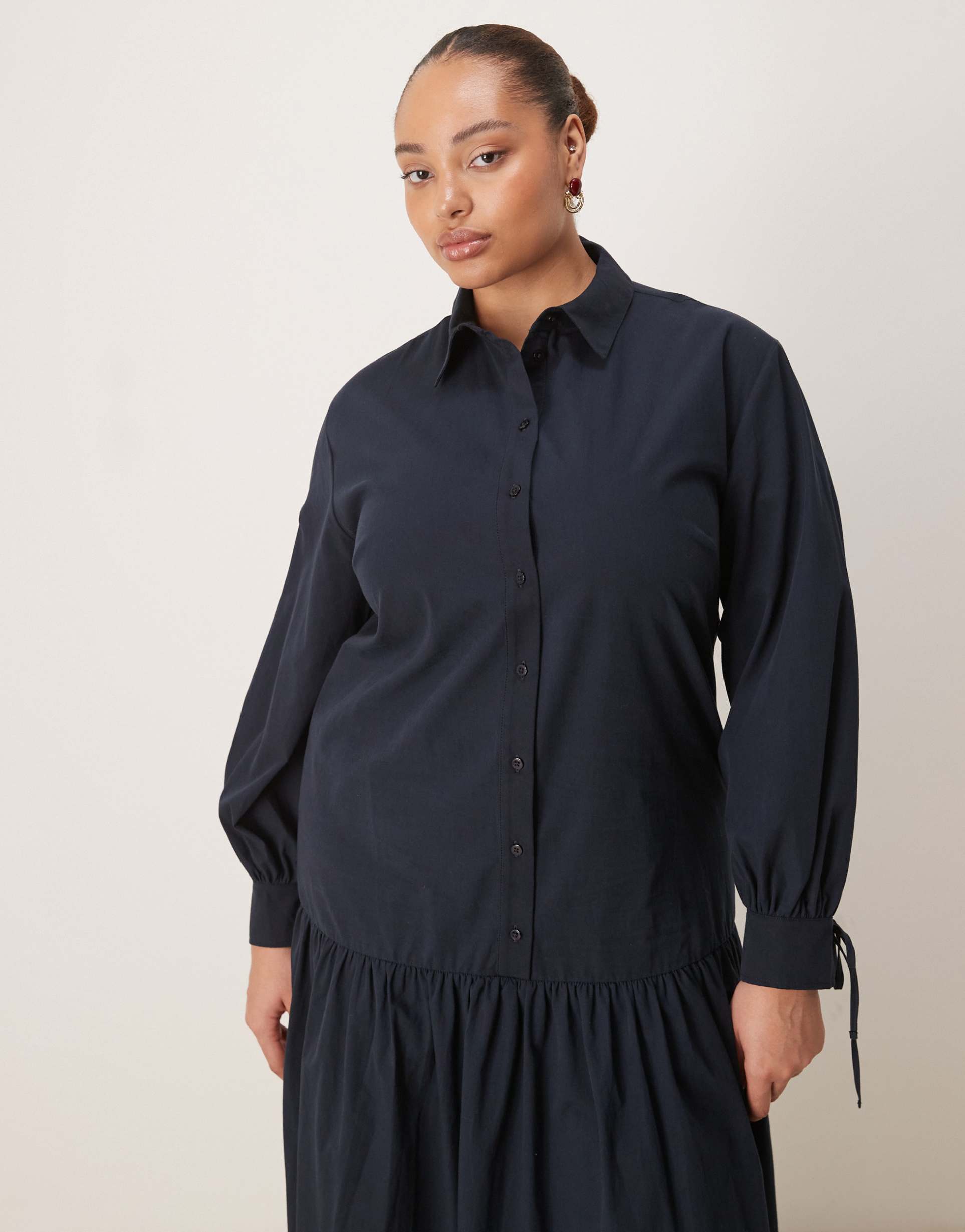 asos design curve long sleeve tie detail maxi shirt dress in navy