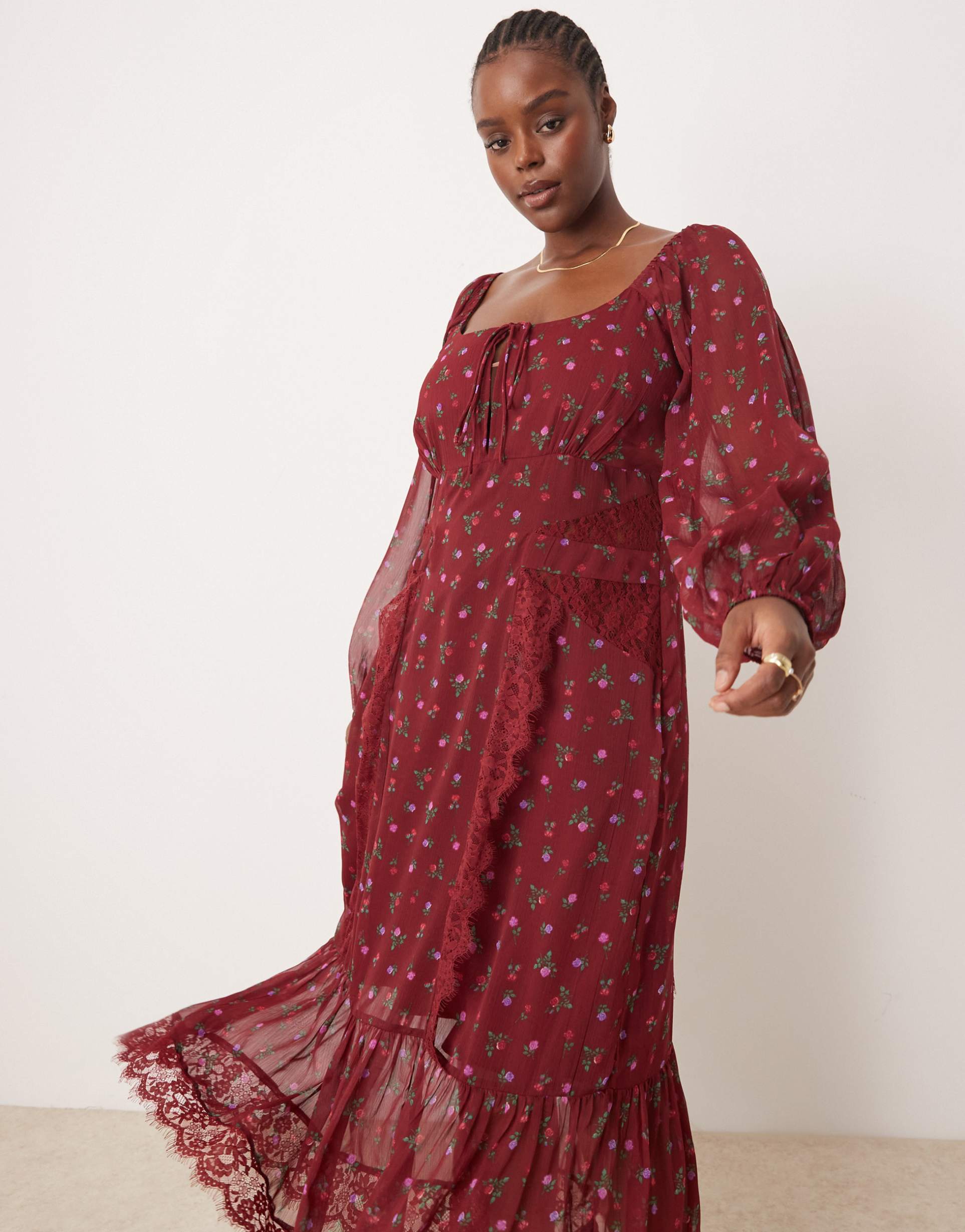 asos design curve long sleeve tie front midi dress with lace inserts in pretty delicate floral