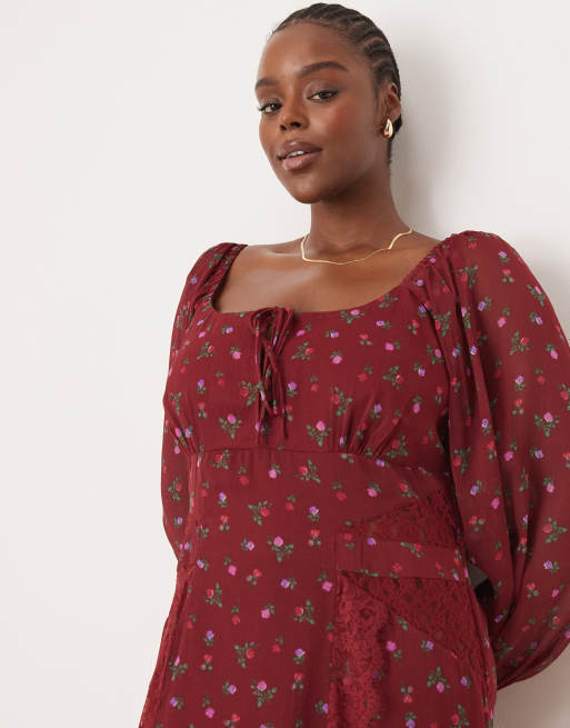 ASOS DESIGN Curve long sleeve tie front midi dress with lace inserts in pretty delicate floral, 3 of 4
