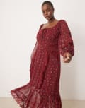 [ASOS Curve] ASOS DESIGN Curve long sleeve tie front midi dress with lace inserts in pretty ditsy floral-Red 22 BURGUNDY