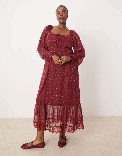 ASOS DESIGN Curve long sleeve tie front midi dress with lace inserts in pretty ditsy floral, 2 of 4