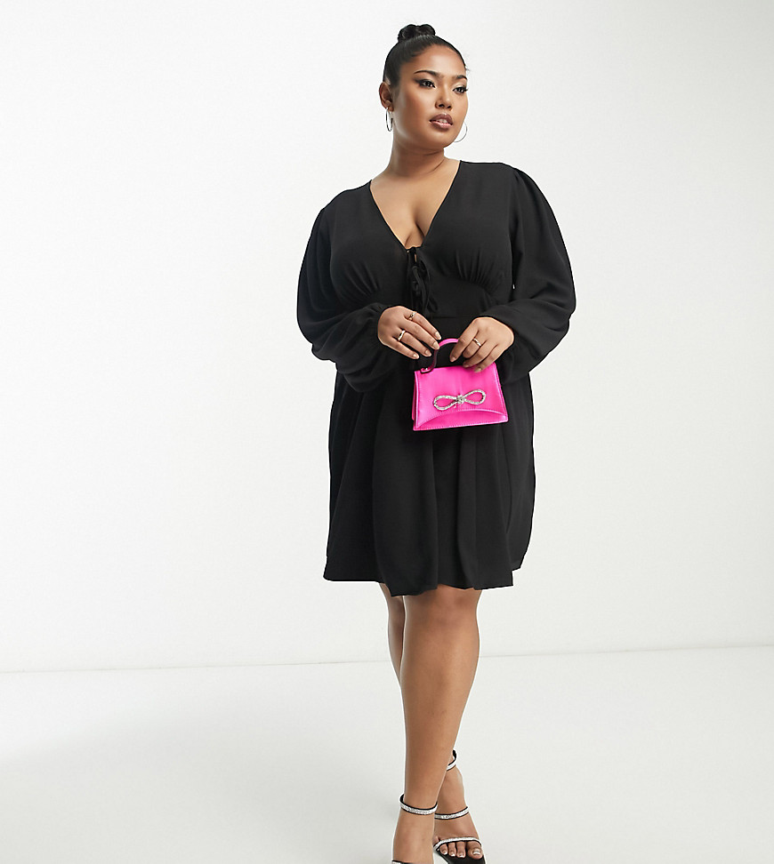 Asos Curve Asos Design Curve Long Sleeve Tie Front Mini Tea Dress With Godets In Black