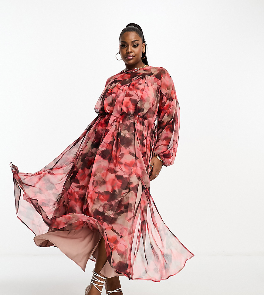 Asos Curve Asos Design Curve Long Sleeve Tie Waist Midi Dress In Blurred Floral Print-multi