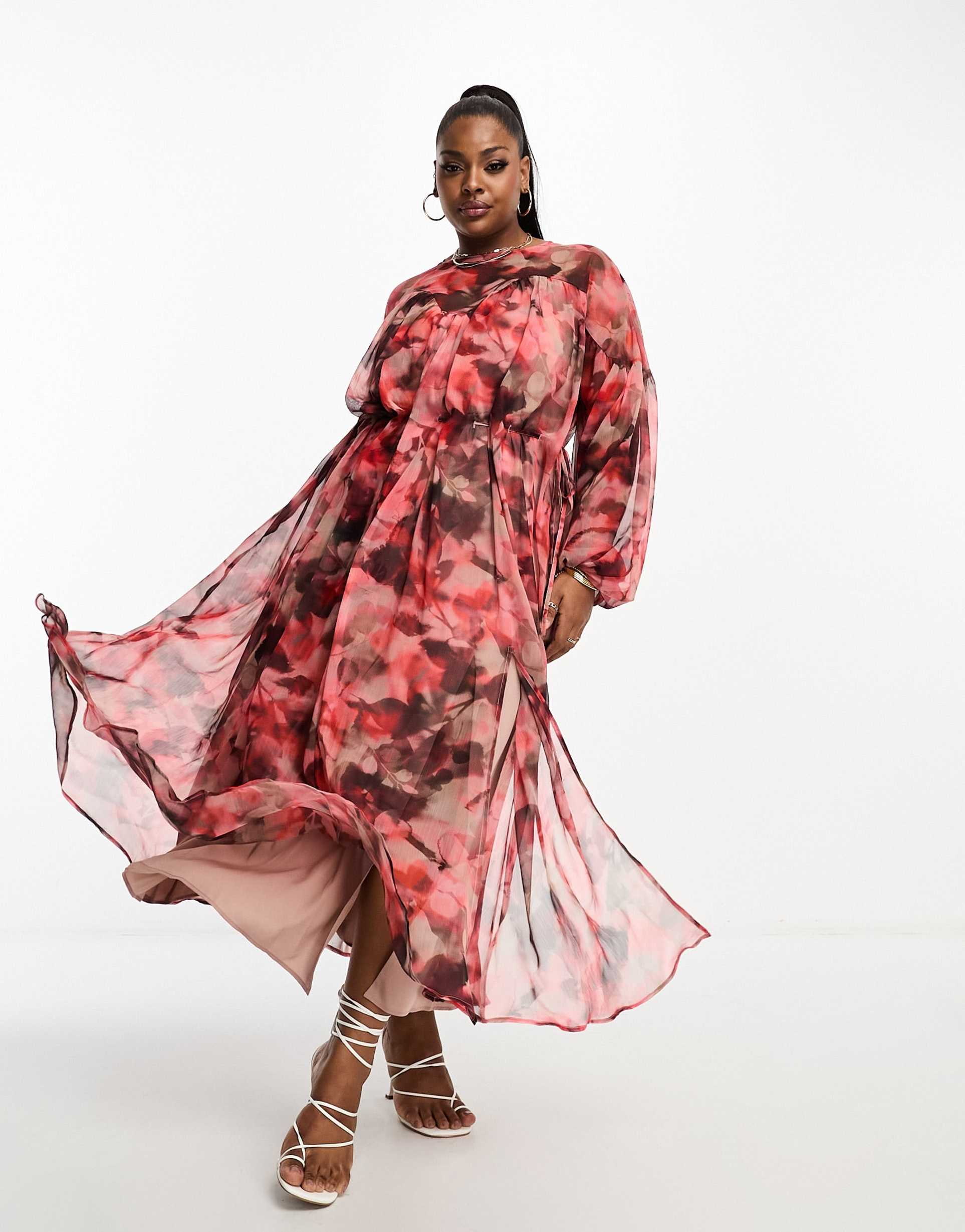 asos design curve long sleeve tie waist midi dress in blurred floral print