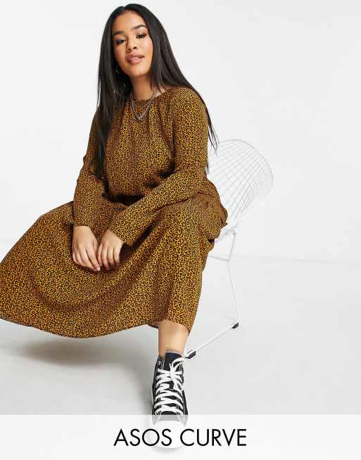 ASOS DESIGN Curve long sleeve tiered smock midi dress in animal print