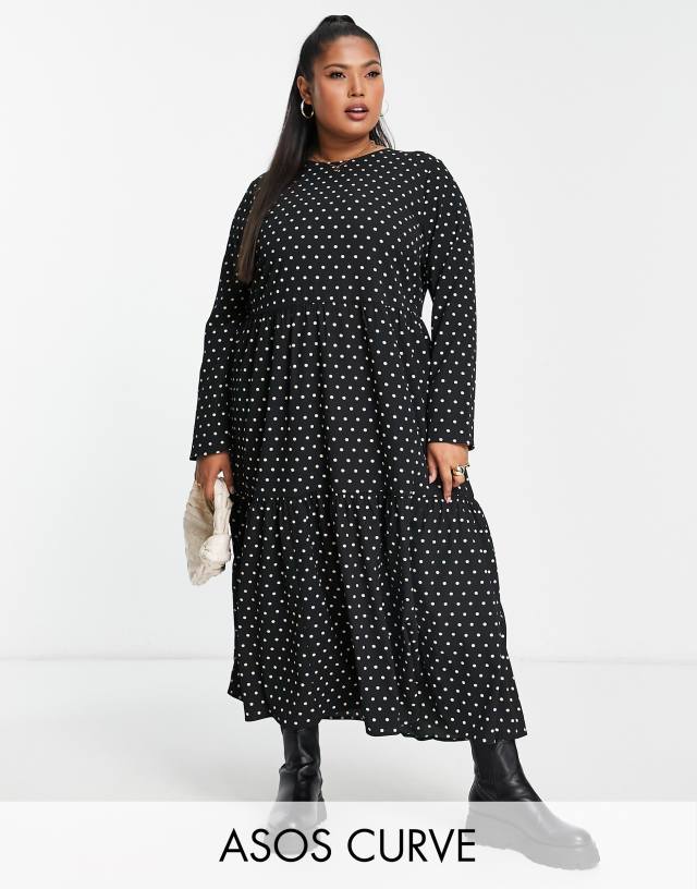 ASOS DESIGN Curve long sleeve tiered smock midi dress in black base beige spot