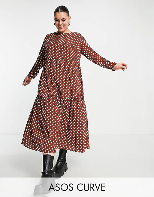 Dresses Curve long sleeve tiered smock midi dress in brown spot 