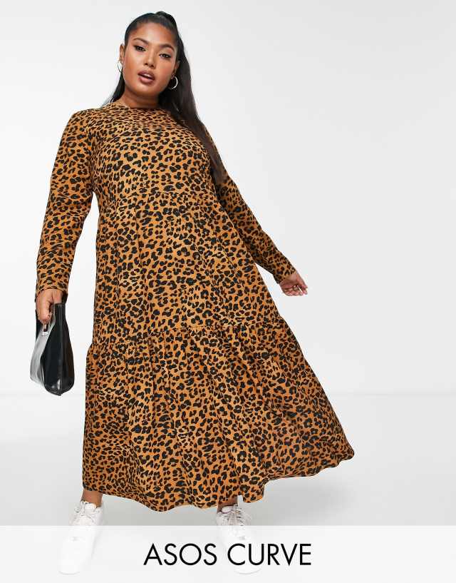 ASOS DESIGN Curve long sleeve tiered smock midi dress in dark animal print