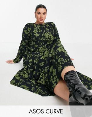 ASOS DESIGN Curve long sleeve tiered smock midi dress in khaki floral print