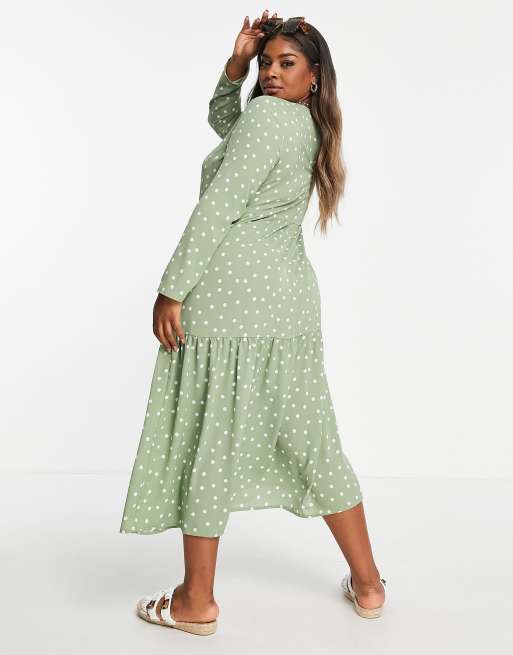 ASOS DESIGN Curve long sleeve tiered smock midi dress in sage spot print