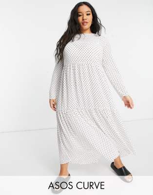 ASOS DESIGN Curve long sleeve tiered smock midi dress in white polka dot-Multi