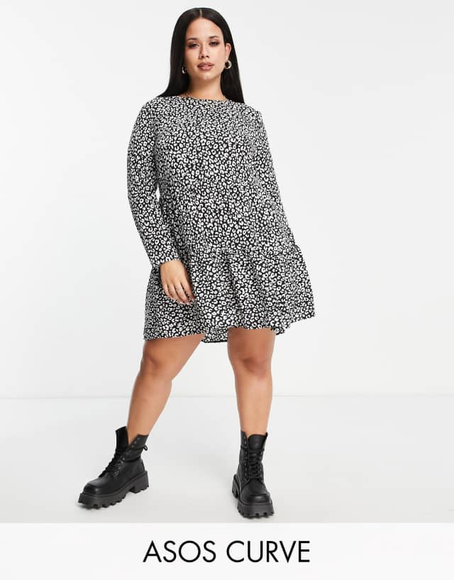 ASOS DESIGN Curve long sleeve tiered smock mini dress in mono animal print