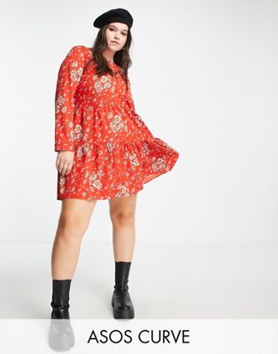 ASOS DESIGN Curve long sleeve tiered smock mini dress in red floral print