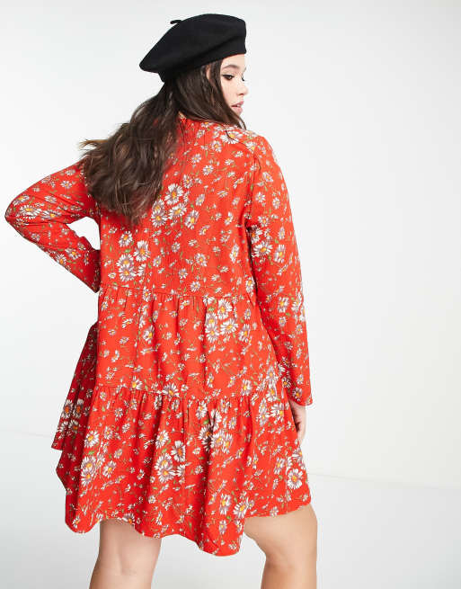 ASOS DESIGN Curve long sleeve tiered smock mini dress in red floral print, 2 of 4